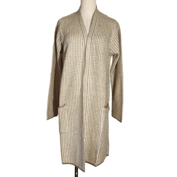 Fortune & Ivy White & Taupe Stripped Long Open Cardigan Women's Size L - Picture 1 of 15